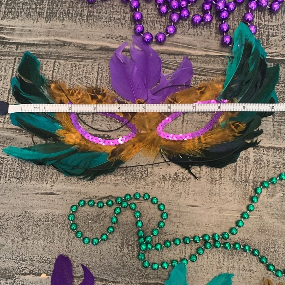 Mardi Gras Masks 6 Feather Sequin Elastic Band, 6 Bead Necklaces, Masquerade EUC